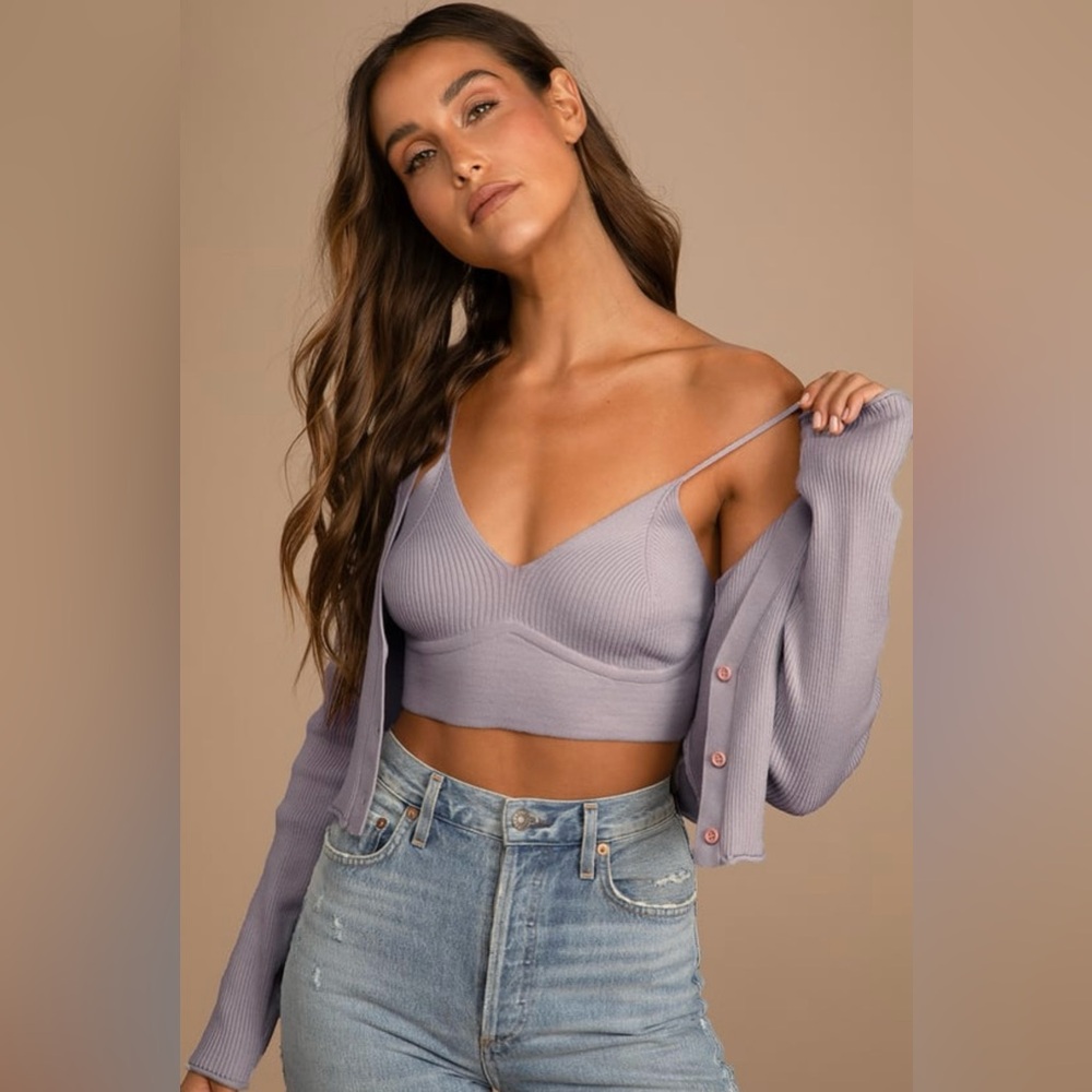 Lulus Too Cute Lavender Ribbed Knit Crop Top and Cardigan Sweater Set